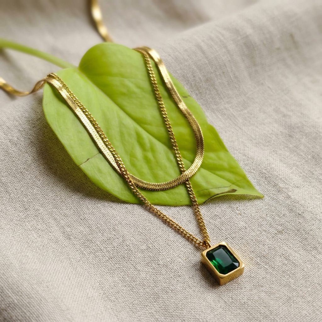 Emerald Duo Layered Pendant Necklace