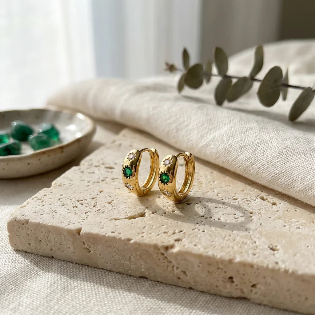 Green Zircon Hoop Earrings India | Emerald Halo Mini Hoops