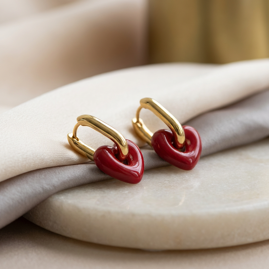 Pair of shiny gold geometric hoop earrings on textured fabric with green jewelry box