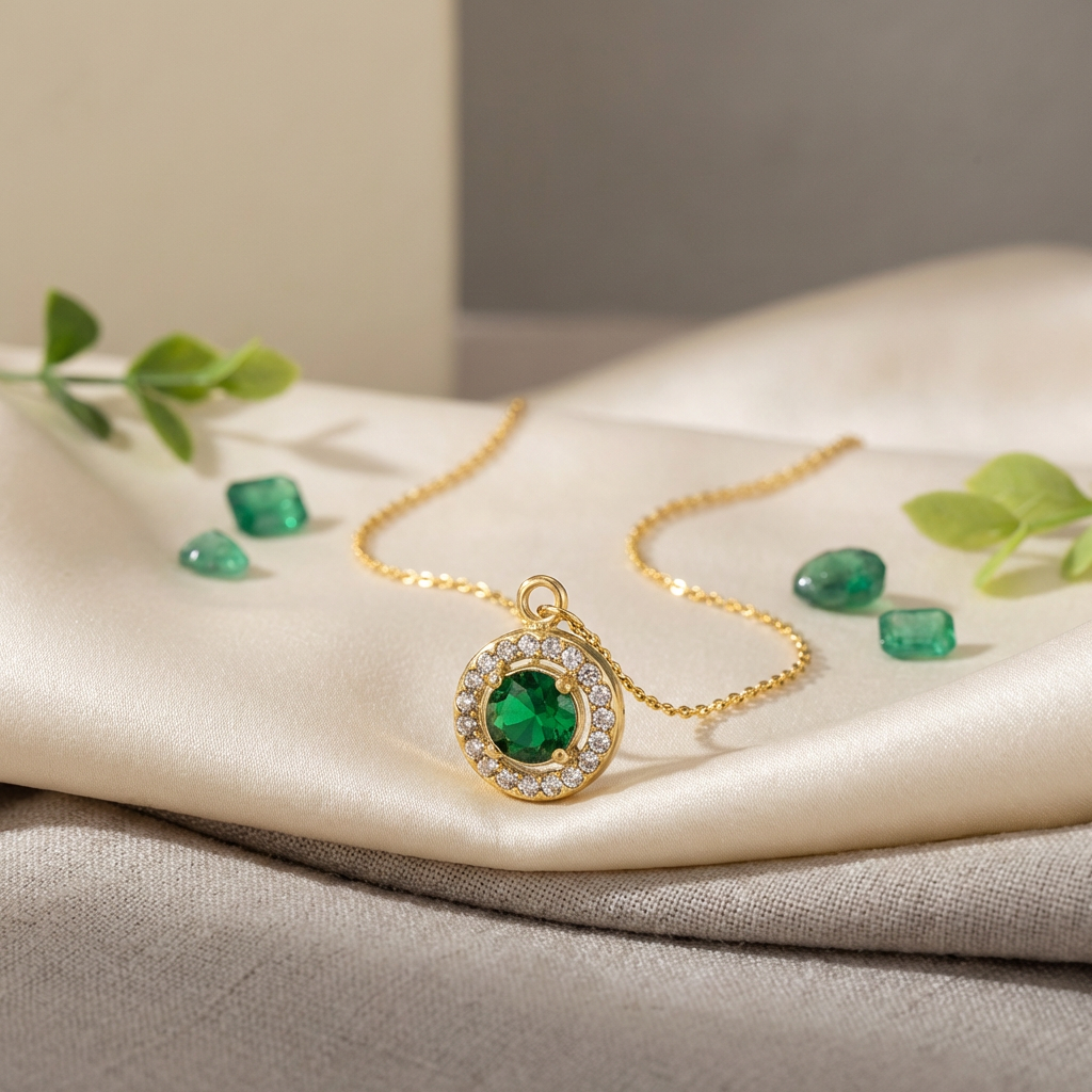 Elara Emerald Halo Pendant Necklace