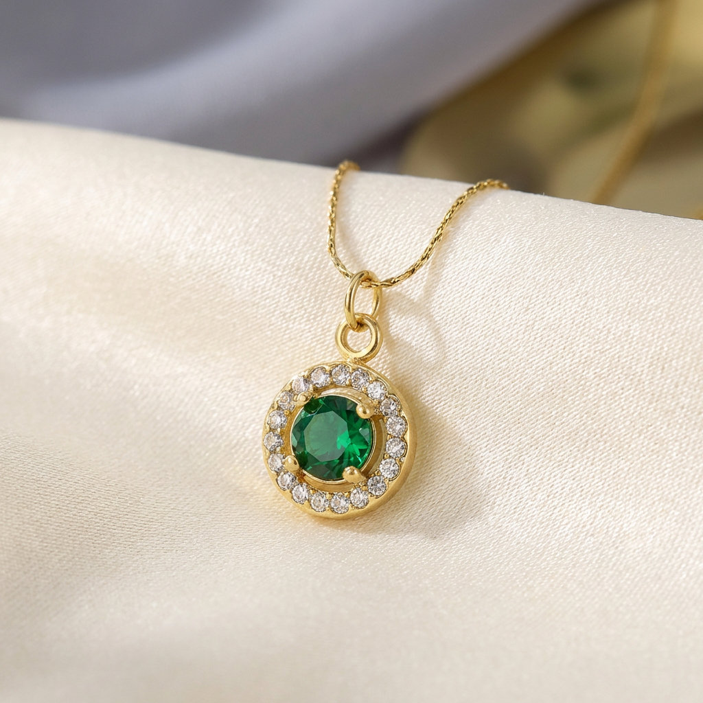 Elara Emerald Halo Pendant Necklace