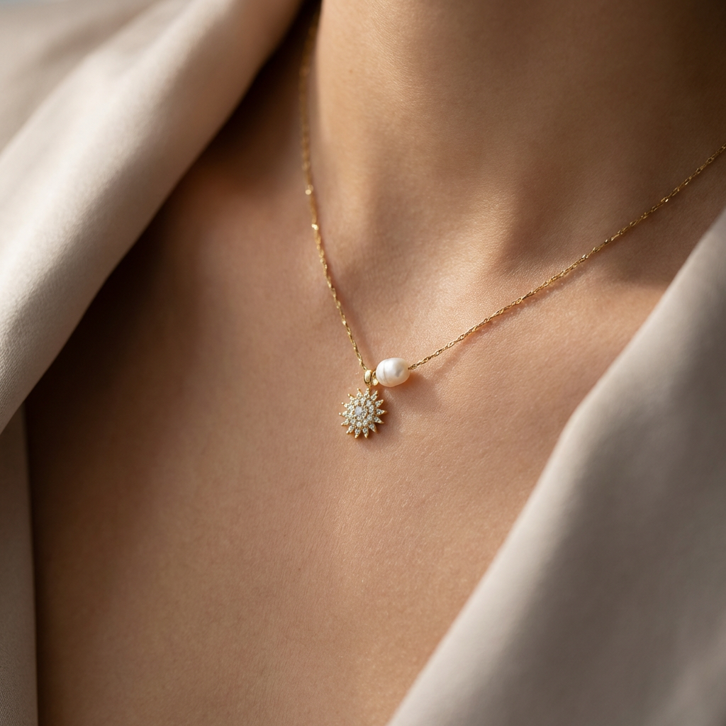 Solara Pearl Sunburst Pendant Necklace