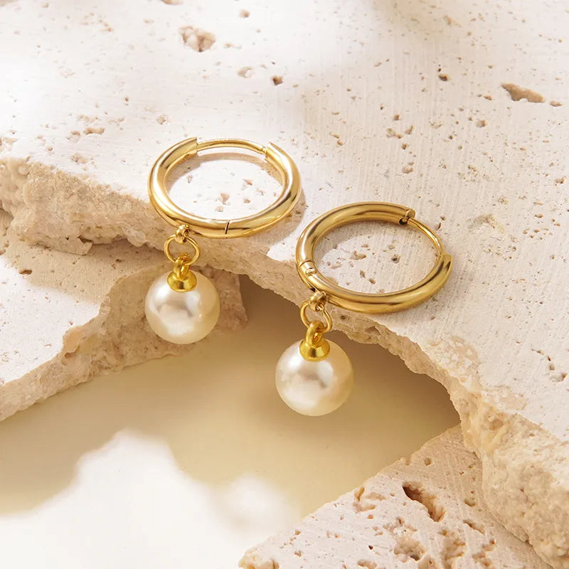Noelle Pearl Drop Hoop Earrings