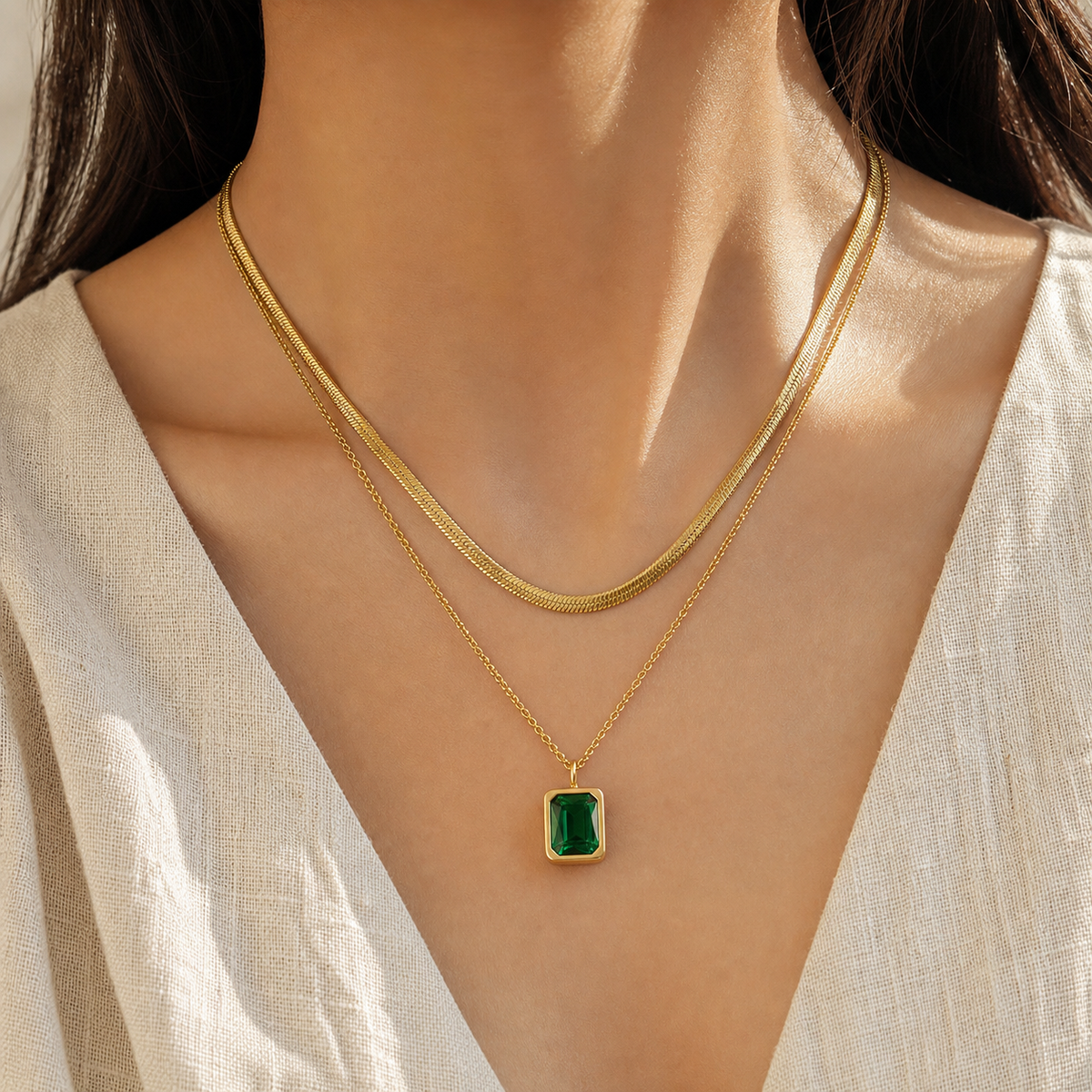 Emerald Duo Layered Pendant Necklace