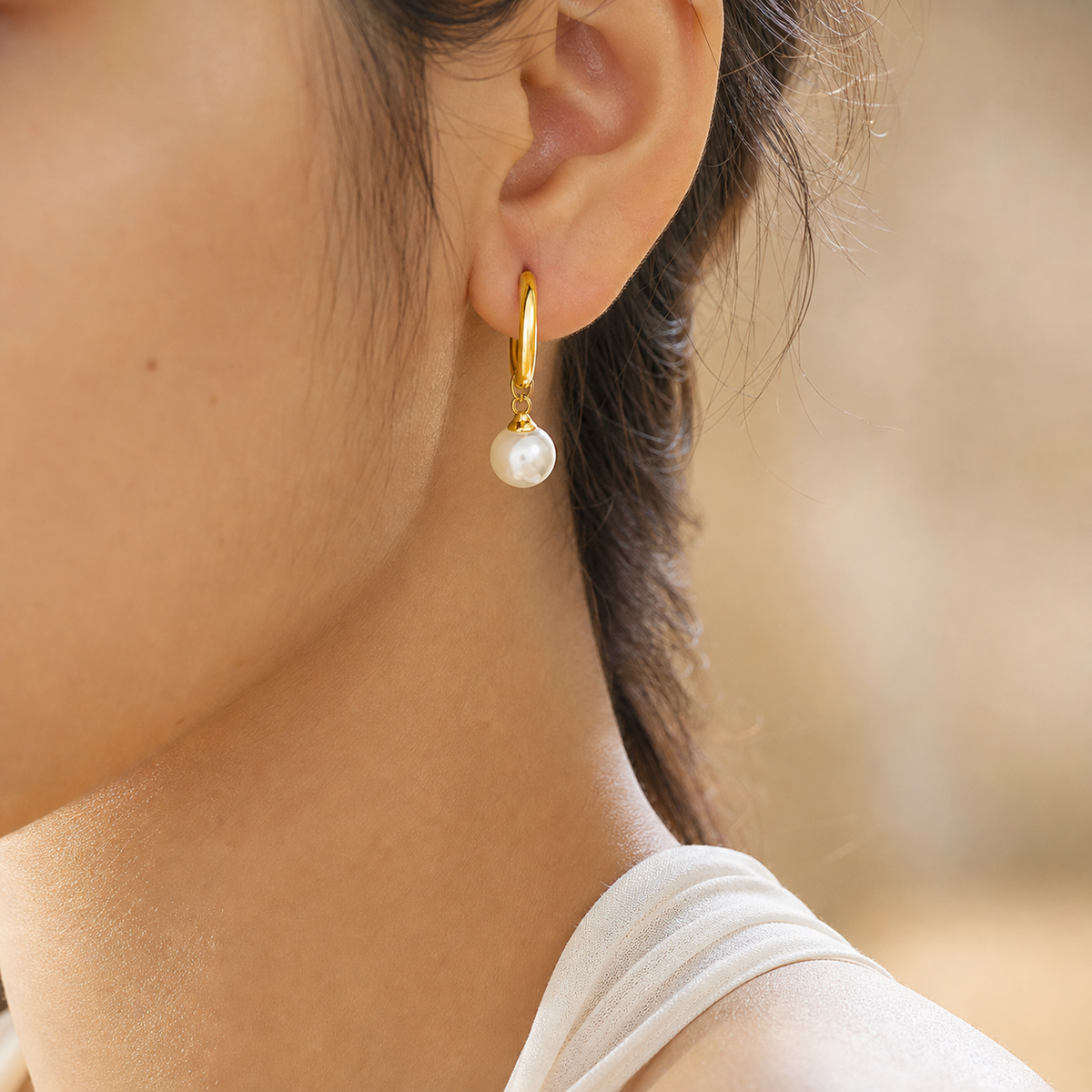 Noelle Pearl Drop Hoop Earrings