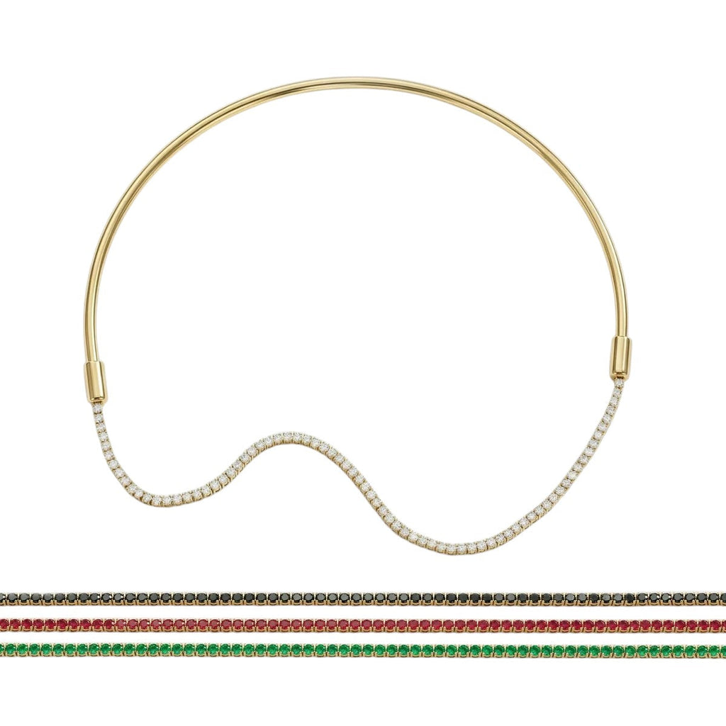 Pretty Shimmering Things Global 4-in-1 gold-tone collar necklace with interchangeable clear, emerald, ruby, and jet crystals.