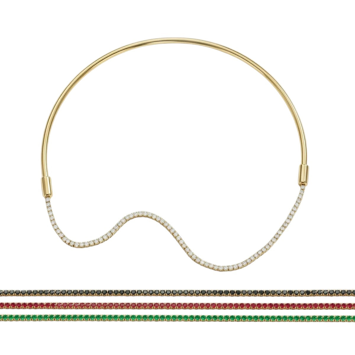 Pretty Shimmering Things Global 4-in-1 gold-tone collar necklace with interchangeable clear, emerald, ruby, and jet crystals.