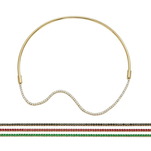 Pretty Shimmering Things Global 4-in-1 gold-tone collar necklace with interchangeable clear, emerald, ruby, and jet crystals.