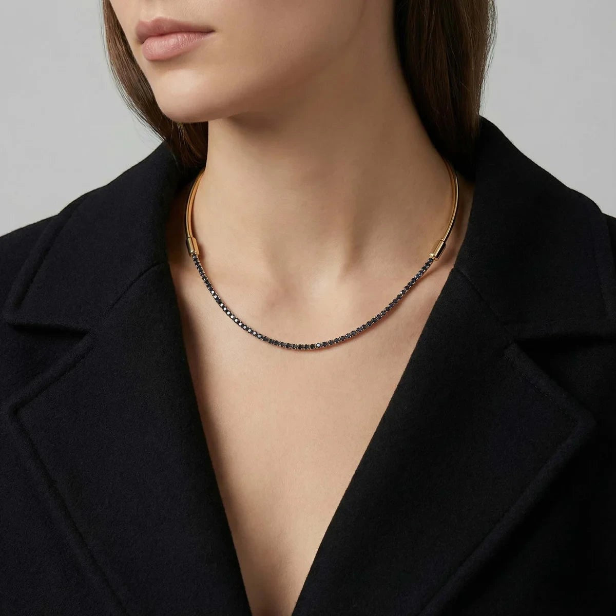 Pretty Shimmering Things Global 4-in-1 gold-tone collar necklace with a black crystal tennis chain attachment