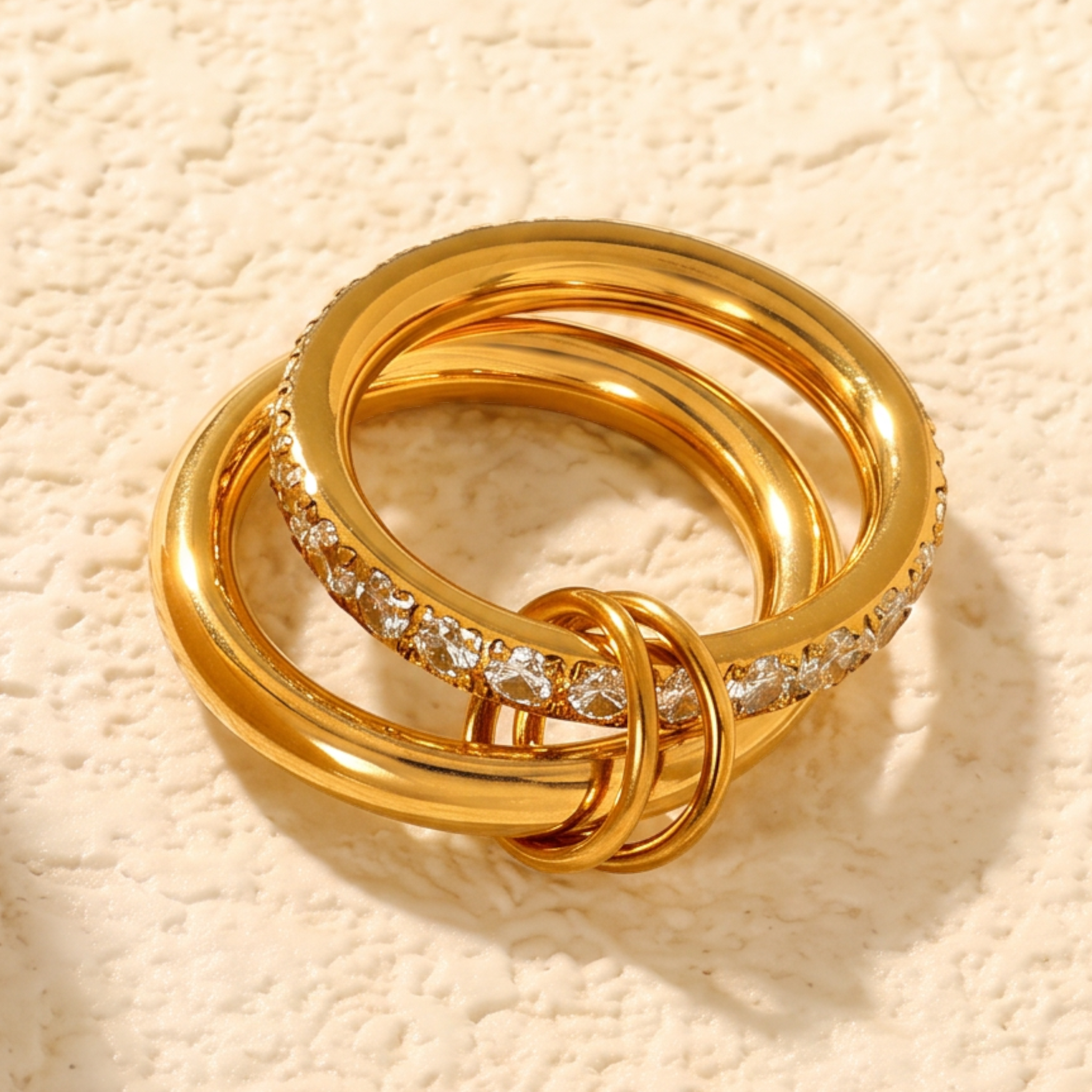 Pretty Shimmering Things Global Sloane double ring in 18K gold plated stainless steel with diamond accents.