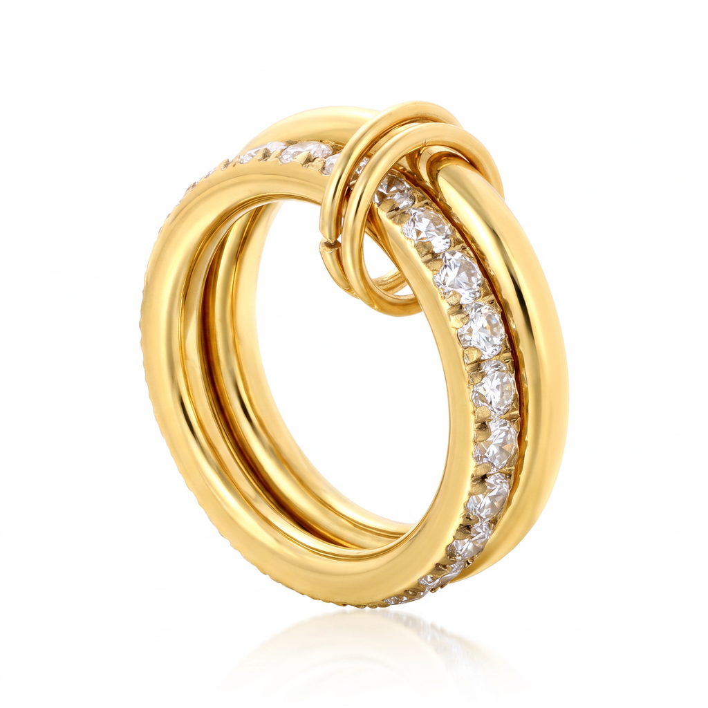 Pretty Shimmering Things Global Sloane double ring in 18K gold plated stainless steel with diamond accents.