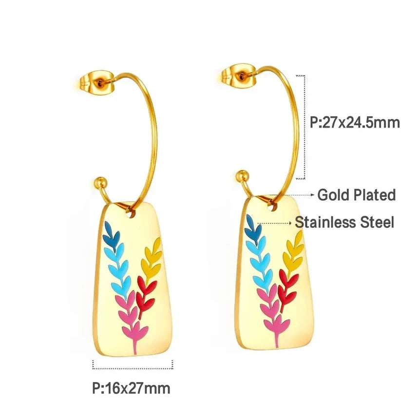 Pretty Shimmering Things Global Aurora gold-plated stainless steel drop earrings with colorful leaf motifs