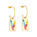 Pretty Shimmering Things Global Aurora gold-tone drop earrings featuring colorful leaf motifs on stainless steel.
