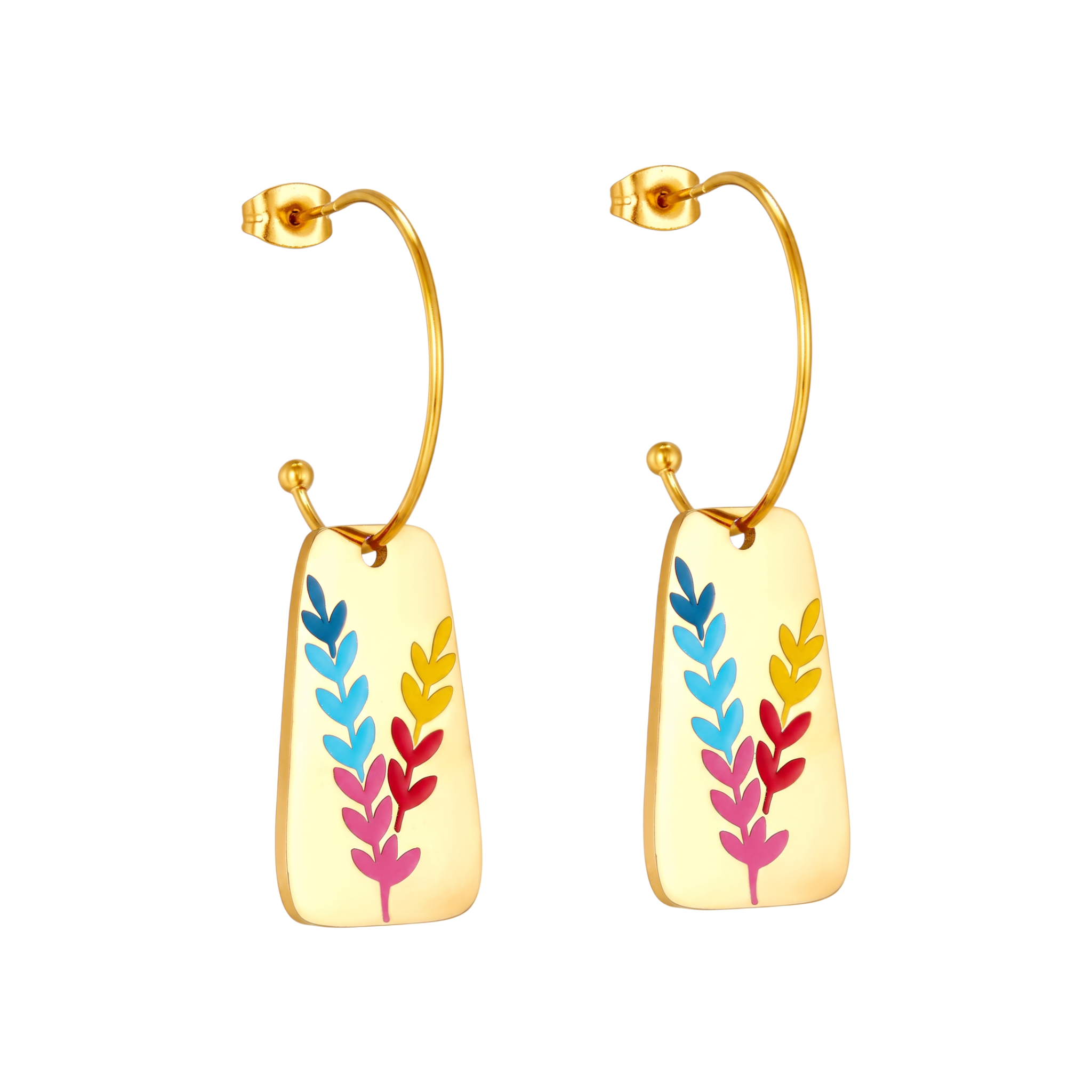 Pretty Shimmering Things Global Aurora gold-tone drop earrings featuring colorful leaf motifs on stainless steel.