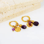 Pretty Shimmering Things Global Orchid Charm Hoop Clips featuring 18K gold plated hoops with purple amethyst charms.