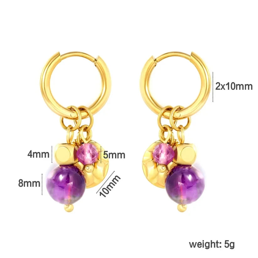 Pretty Shimmering Things Global Orchid Charm Hoop Clips with 18K gold plated hoops and purple acrylic bead charms.