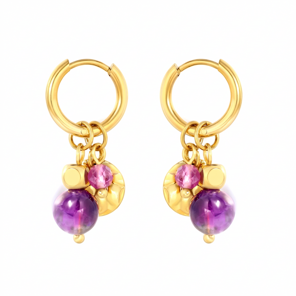 Pretty Shimmering Things Global Orchid Charm Hoop Clips featuring 18K gold plated hoops with purple acrylic charms.