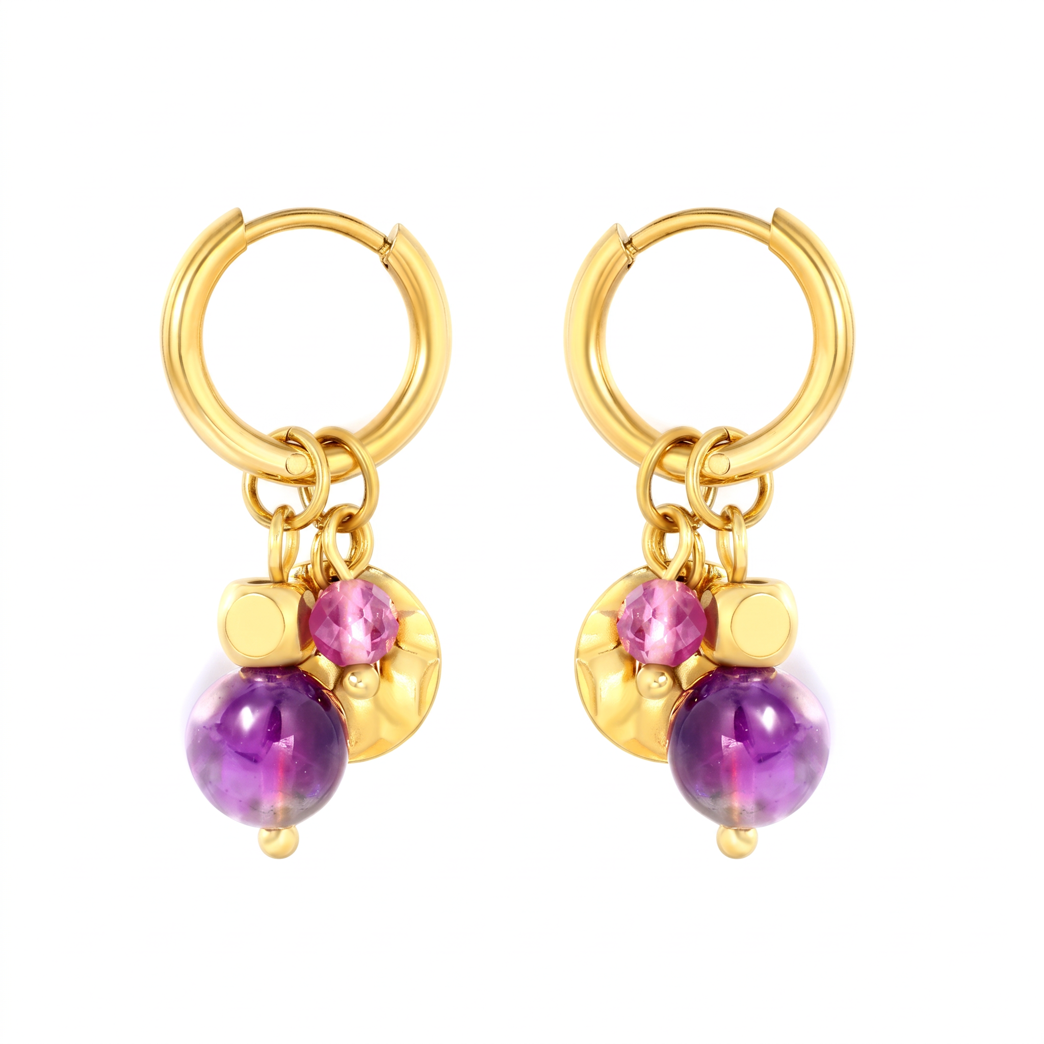 Pretty Shimmering Things Global Orchid Charm Hoop Clips featuring 18K gold plated hoops with purple acrylic charms.