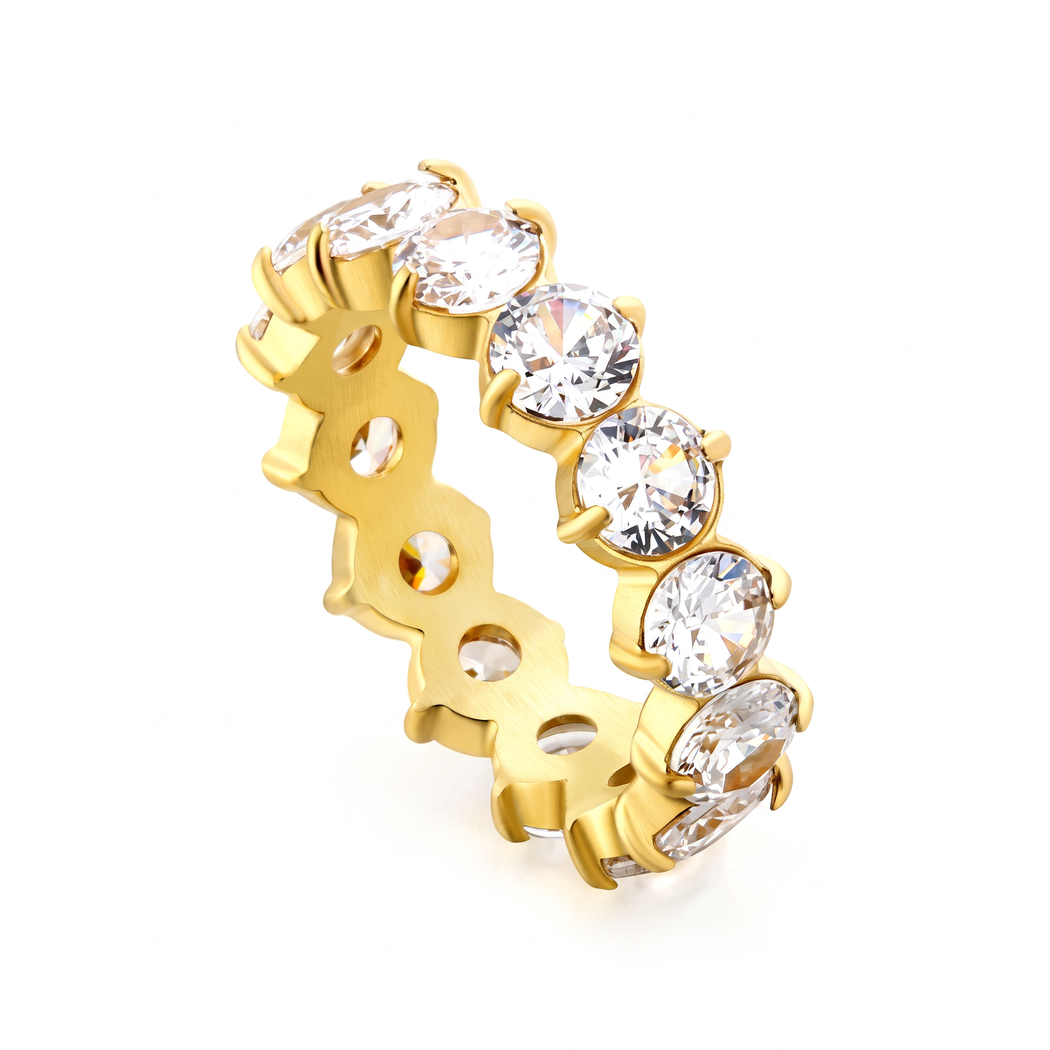 Pretty Shimmering Things Global gold-plated eternity ring featuring a row of sparkling white 5A zircon stones.