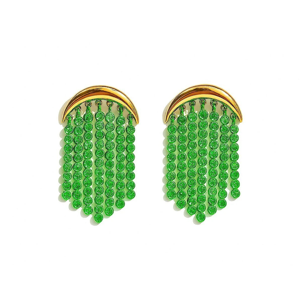 Pretty Shimmering Things Global gold-tone crescent earrings with cascading emerald green crystal fringe strands