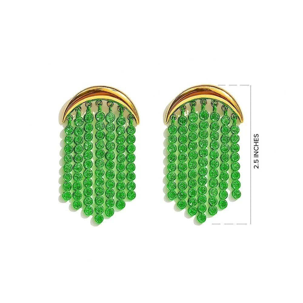 Pretty Shimmering Things Global gold crescent earrings with cascading emerald green crystal fringe strands