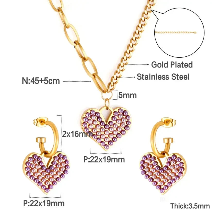 Pretty Shimmering Things Global Chloe heart charm necklace and earring set in gold-plated stainless steel with purple
