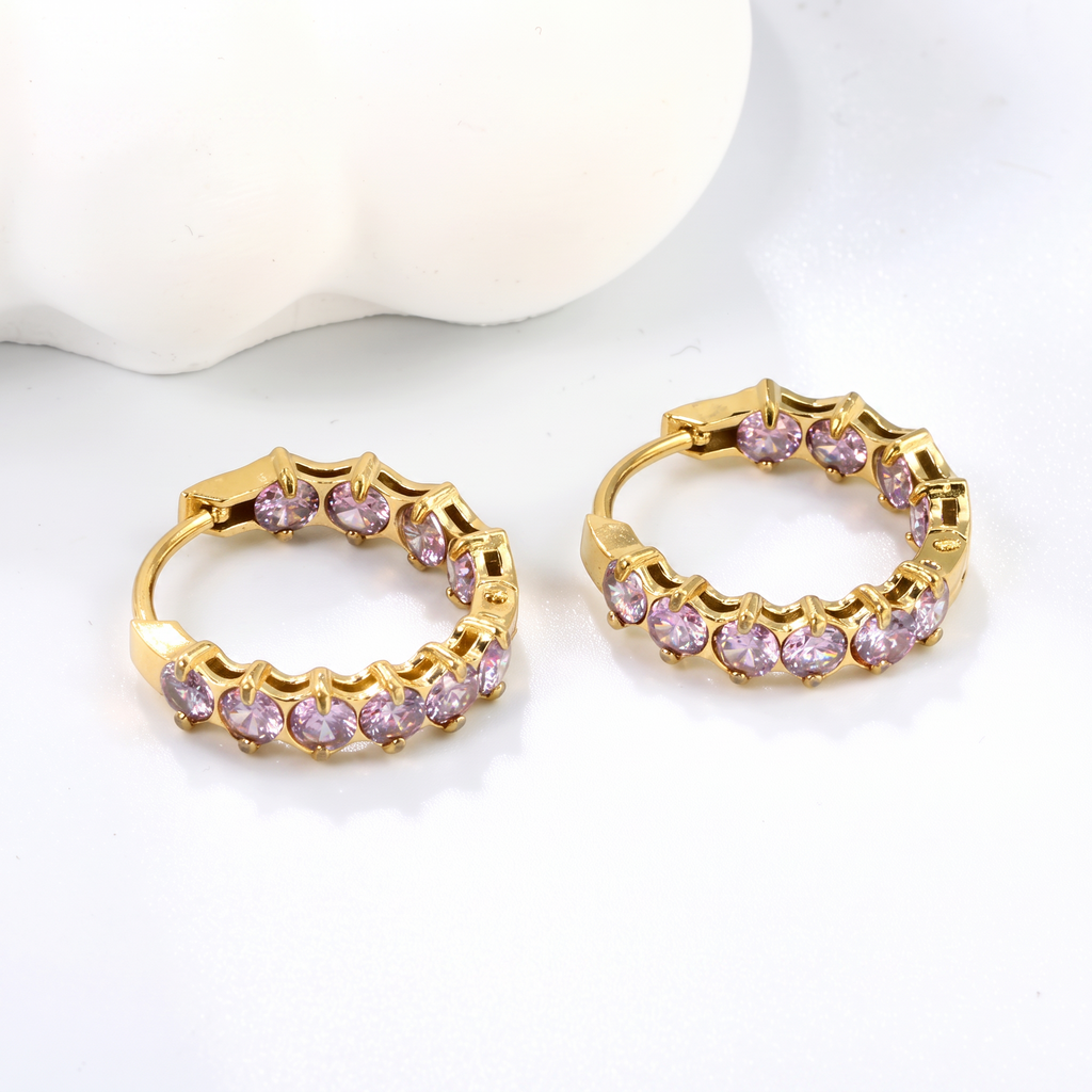 Pretty Shimmering Things Global Lyra hoop clips in 18K gold plated stainless steel with lavender zircon crystals.