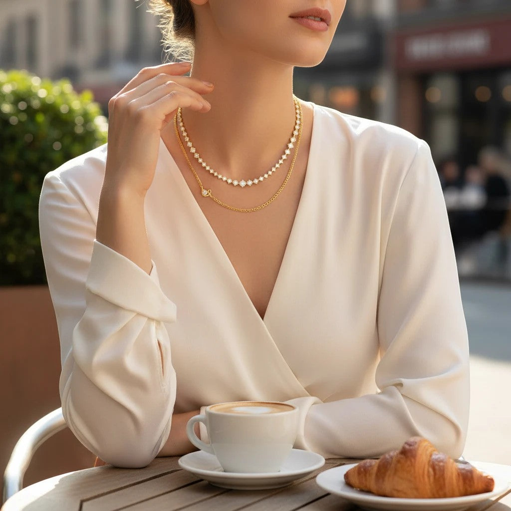 Pretty Shimmering Things Global layered gold-tone necklace with crystal-encrusted strand worn by a woman at a cafe.