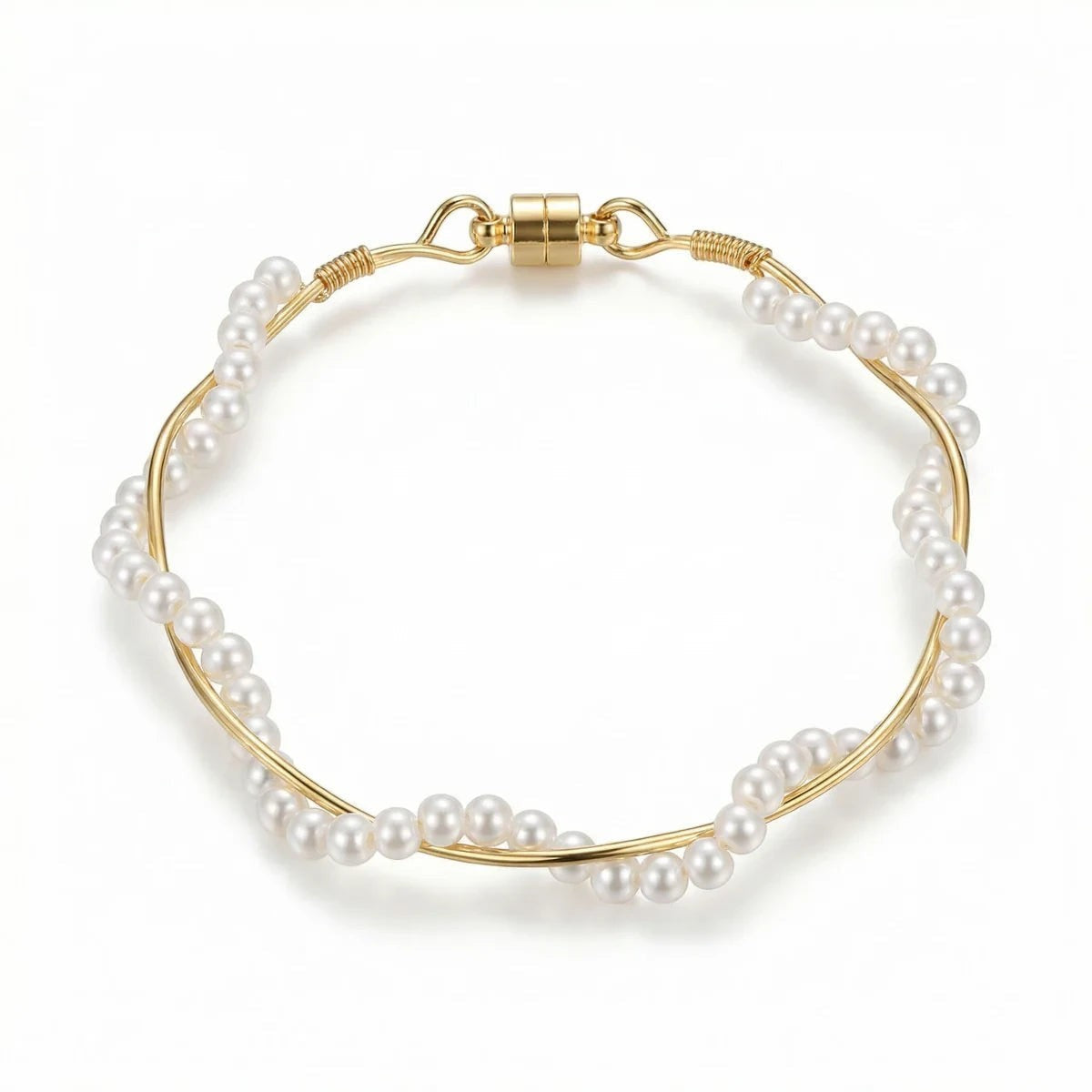 Pretty Shimmering Things Global twisted pearl bracelet with white pearls and gold-tone wire featuring a magnetic clasp