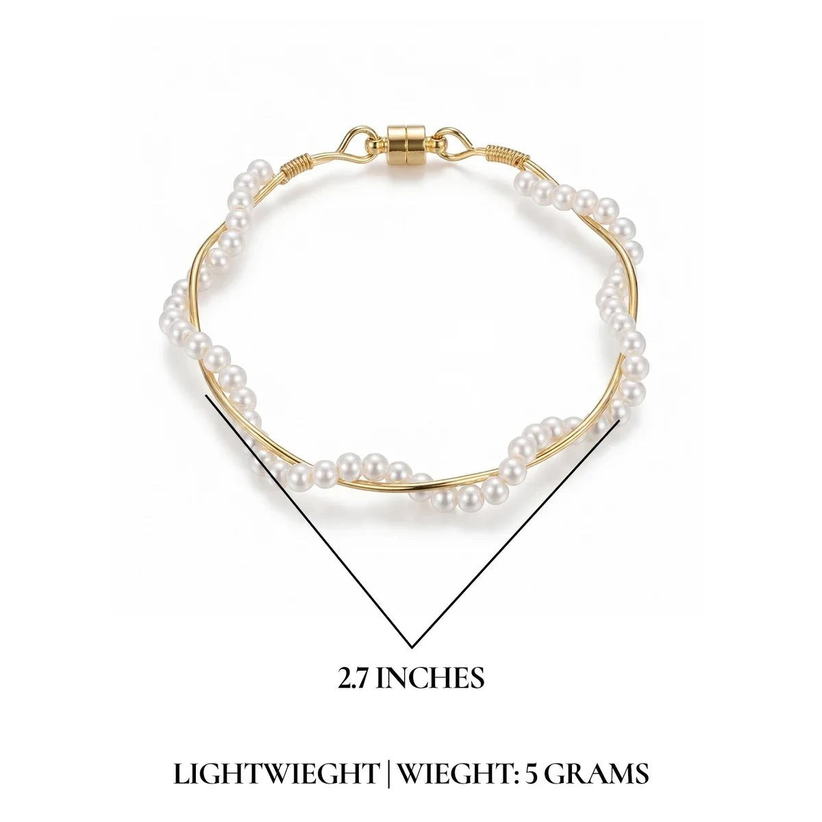 Pretty Shimmering Things Global twisted pearl bracelet with gold-tone wire and magnetic clasp, 2.7 inches in diameter.