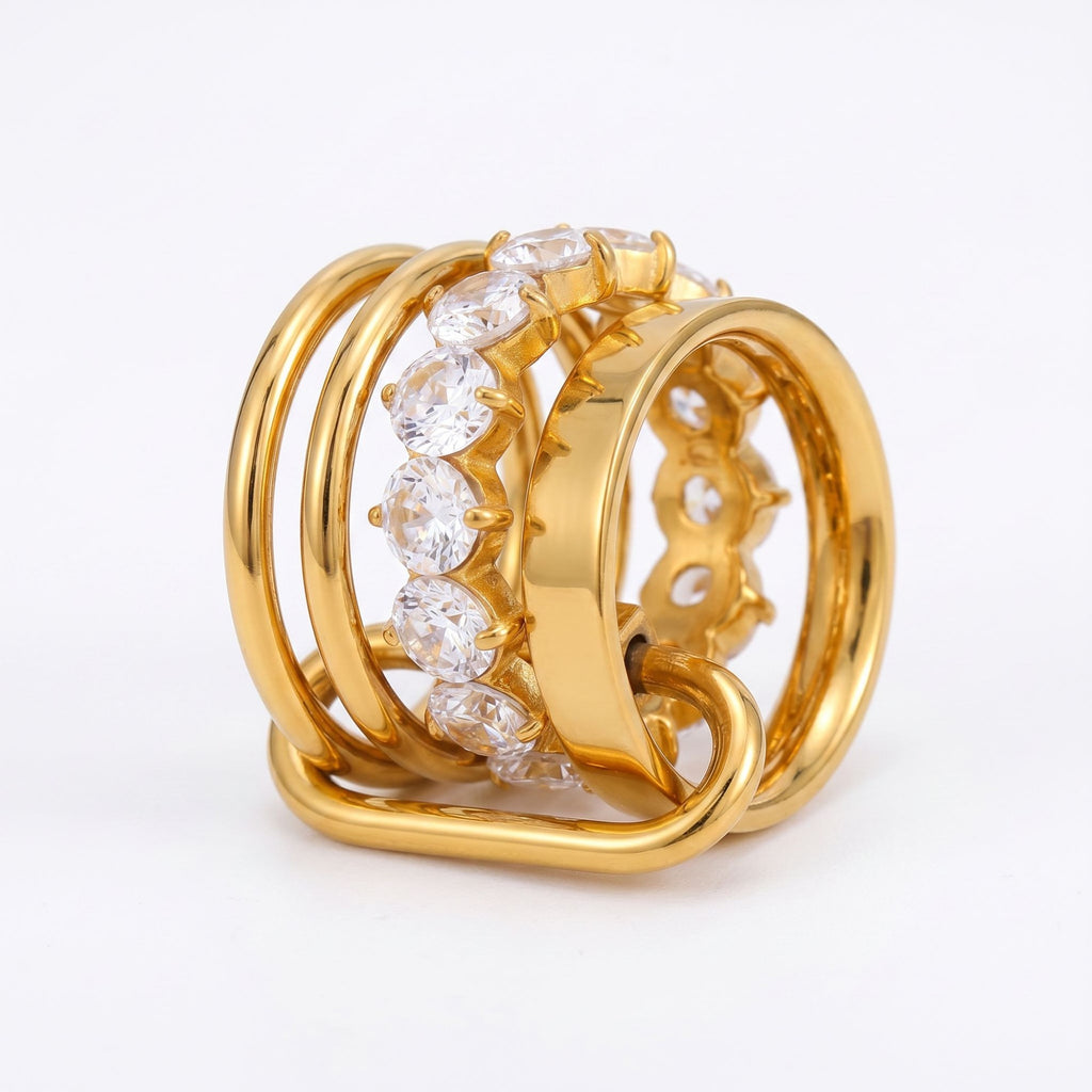 Pretty Shimmering Things gold-toned multi-layered statement ring with sparkling cubic zirconia stones.